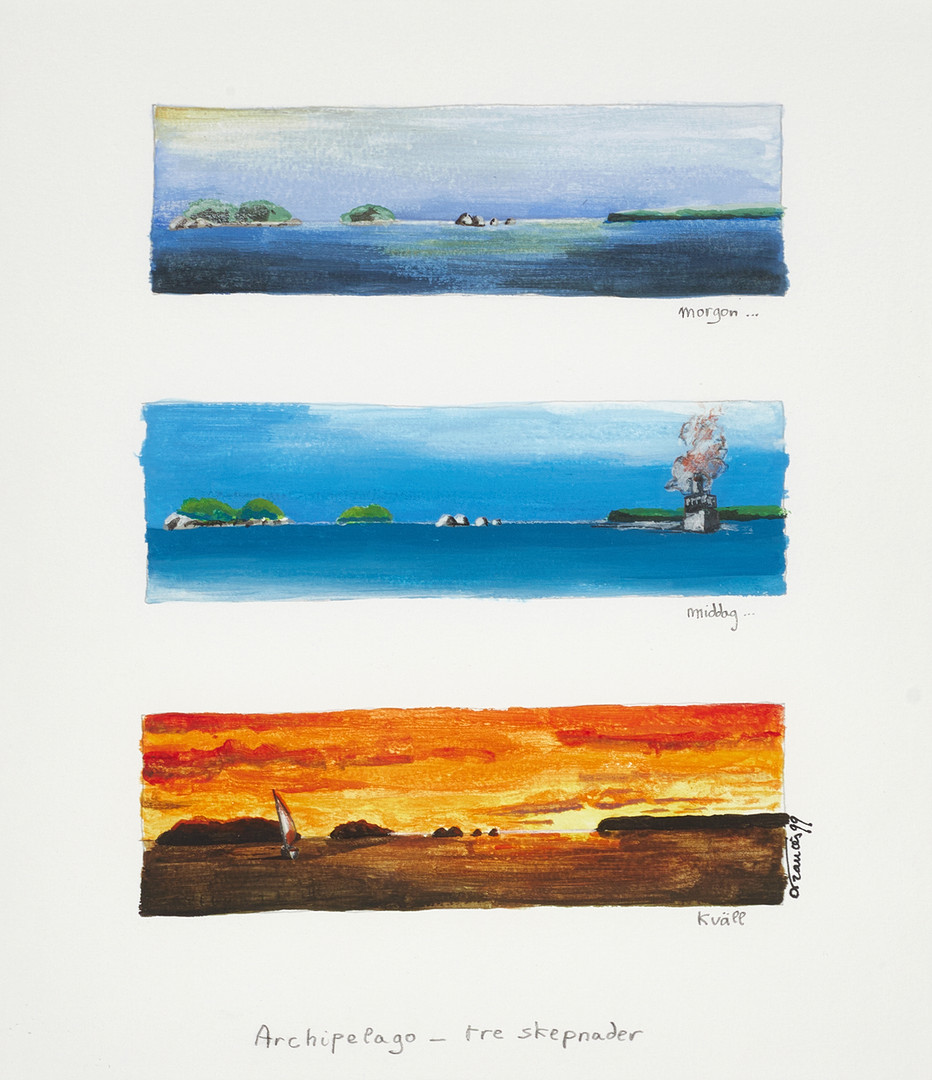 OIDENTIFIERAD KONSTNÄR, "Archipelago - tre skepnader" - morgon, middag, kväll, signerad och daterad 99, blandteknik.