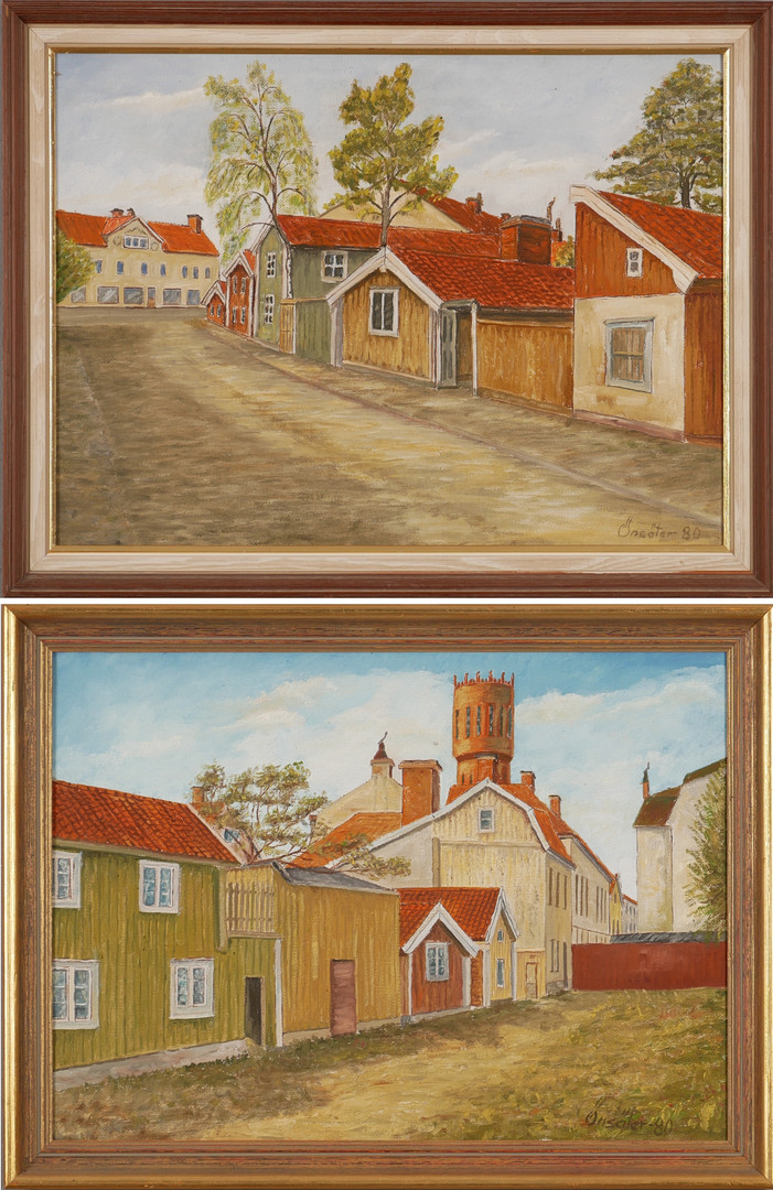 OIDENTIFIERAD KONSTNÄR. Kalmarmotiv, 2 st, oljor på duk, signerade Önsäter -80.