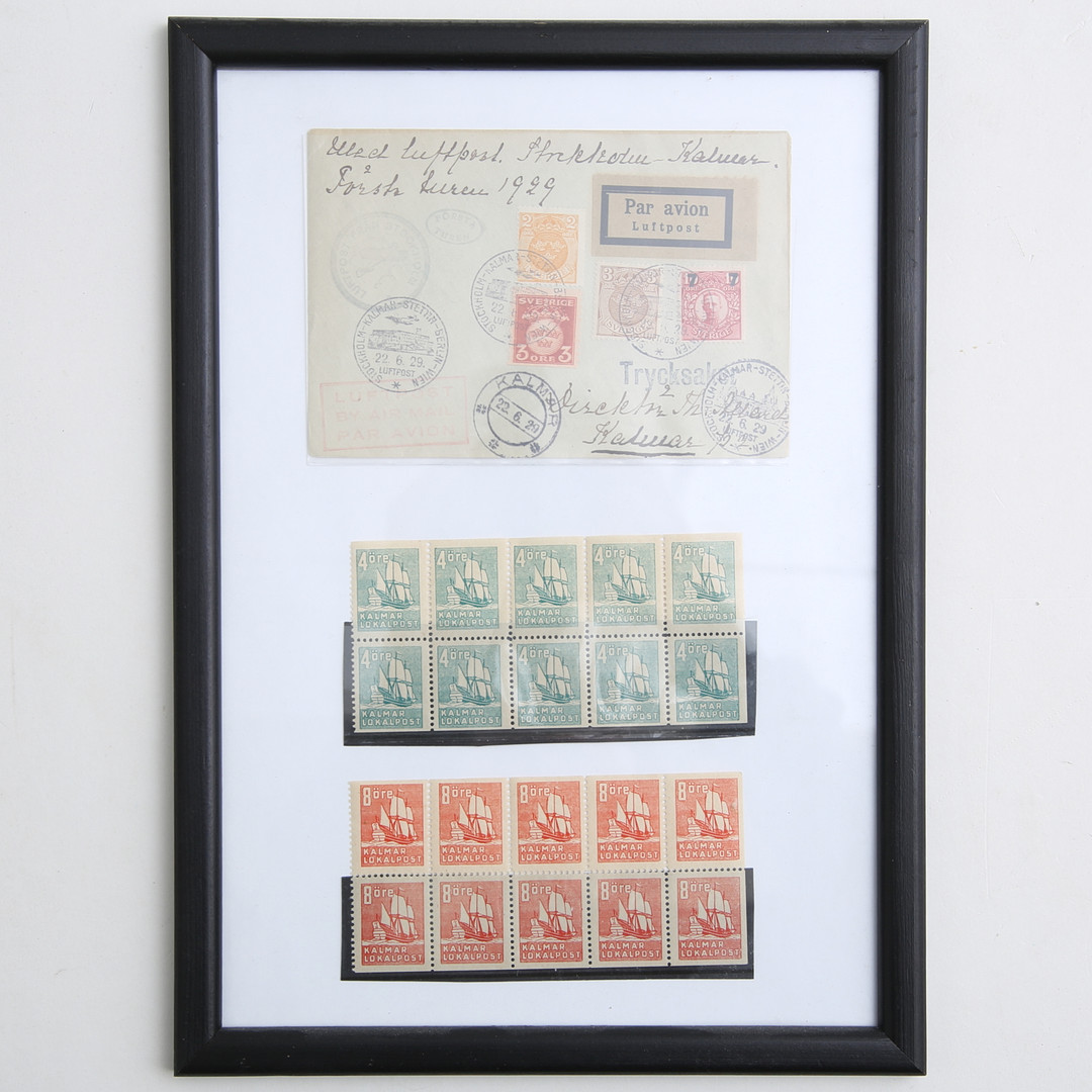 FRIMÄRKEN, Lokalpost Kalmar, Luftpost första turen 1929, inramat.