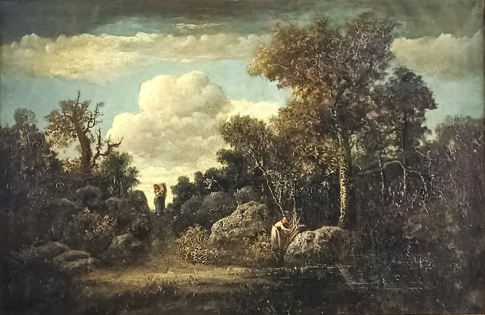 HERSON, ÉMILE ANTOINE FRANÇOIS (GEB. 1805) UND DIAZ DE LA PEÑA, NARCISSE VIRGILE (1807-1876, SCHULE VON BARBIZON). Baumbestandenes Teichufer mit Reisigsammlerinnen, Öl auf Leinwand.