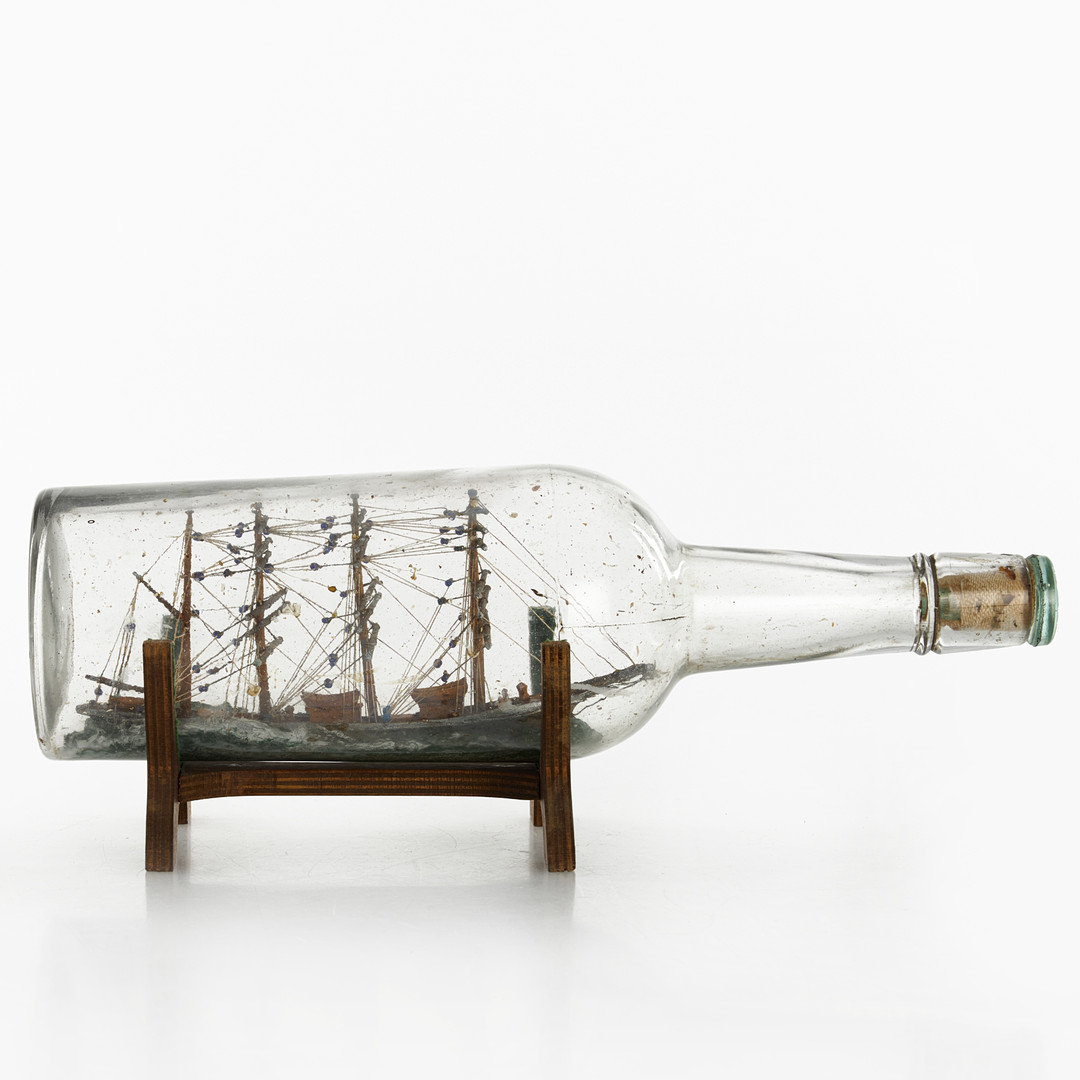 FLASKSKEPP. fyrmastad bark. 1900-talets mitt. med ställ.