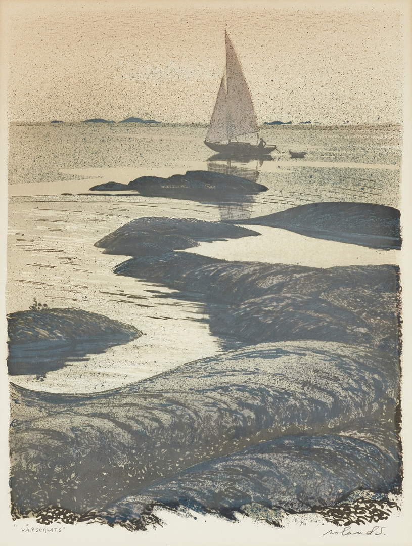 ROLAND SVENSSON (SVERIGE, 1910–2003). "Vårseglats", signerad, färglitografi.
