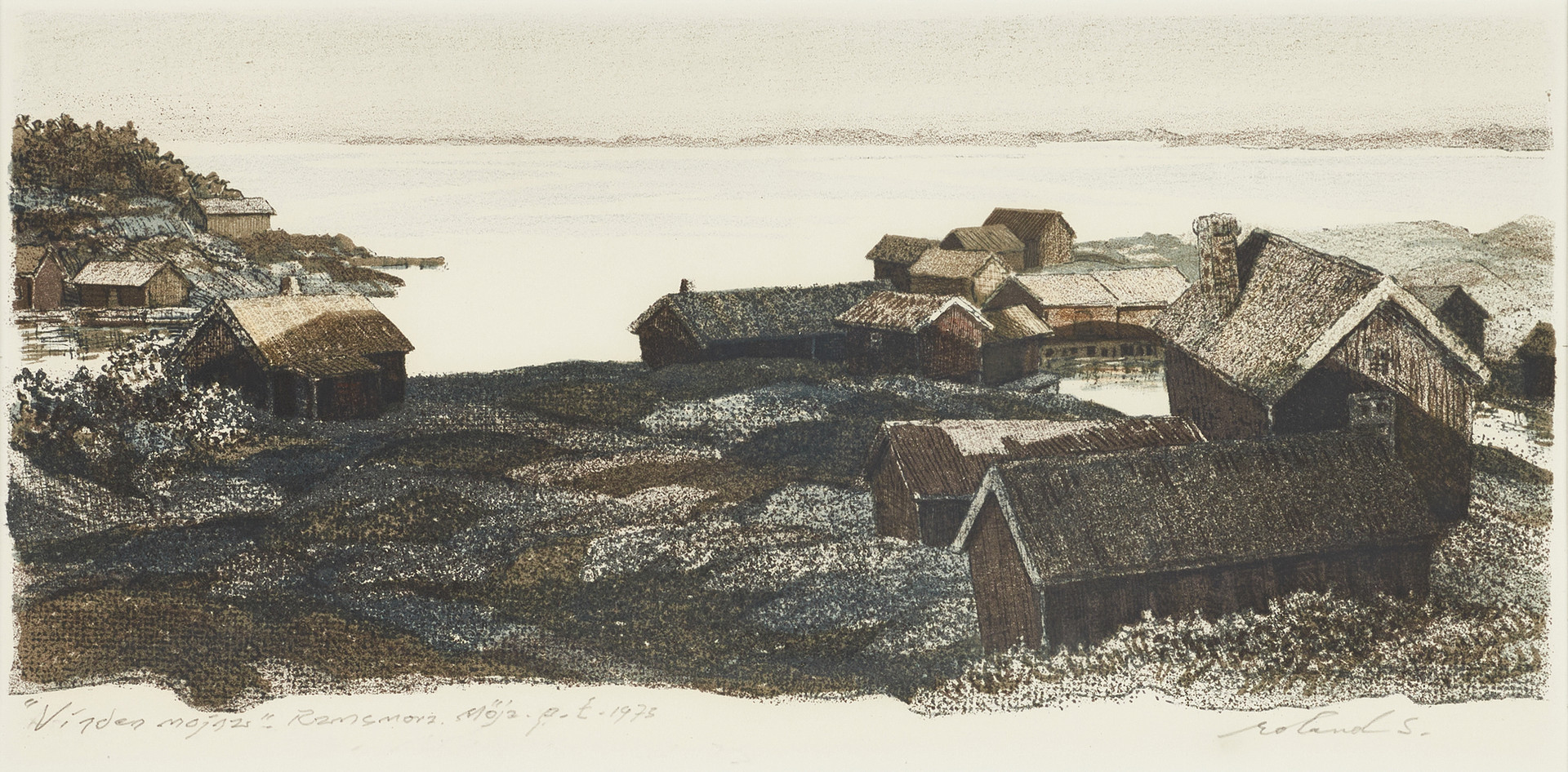 ROLAND SVENSSON (SVERIGE, 1910–2003). "Vinden mojnar", signerad, p.t., daterad 1975, färglitografi.