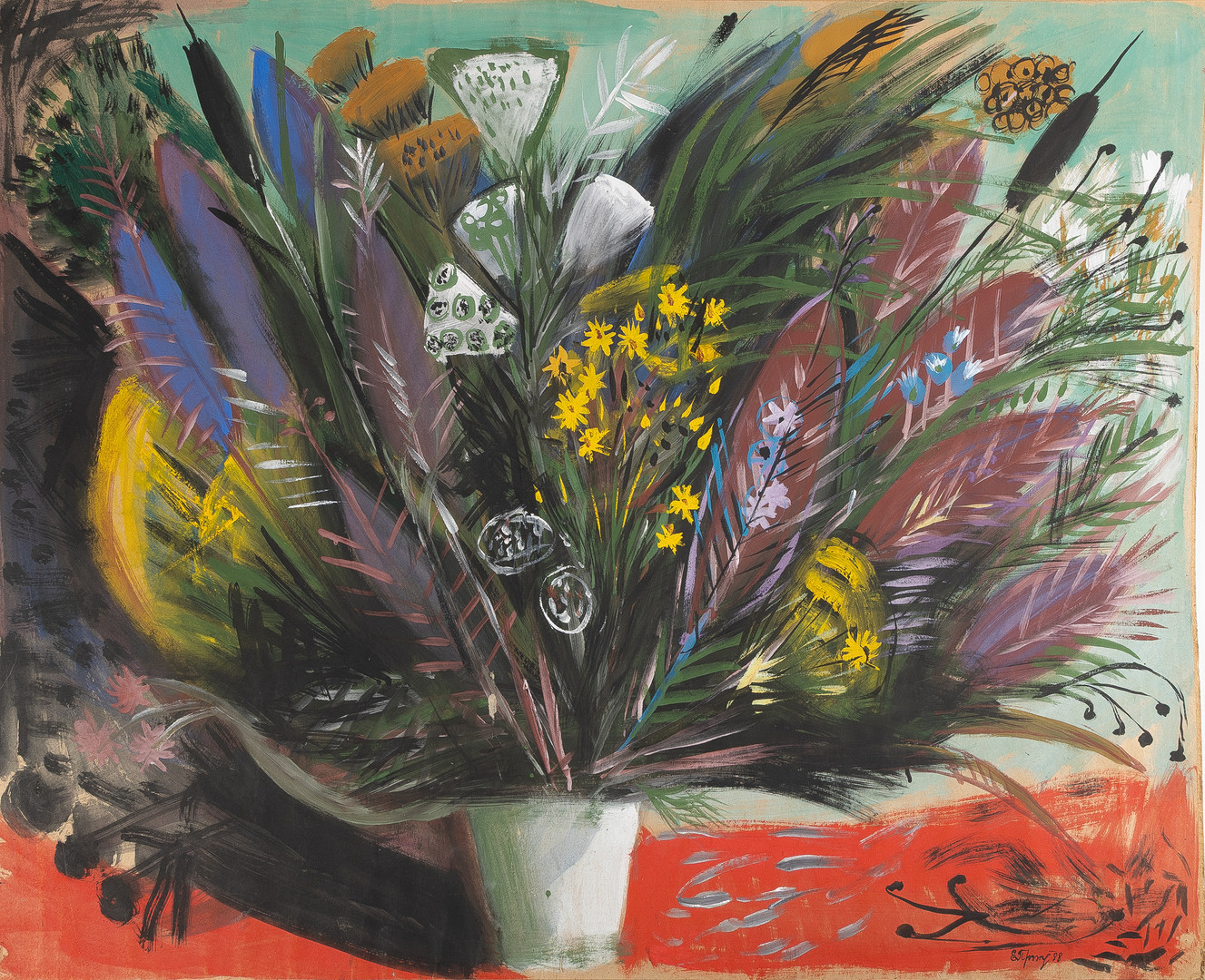 ELENA PRIDUVALOVA (UKRAINA, 1960). "Den sista sommarbuketten", 1988, goauche på papper.