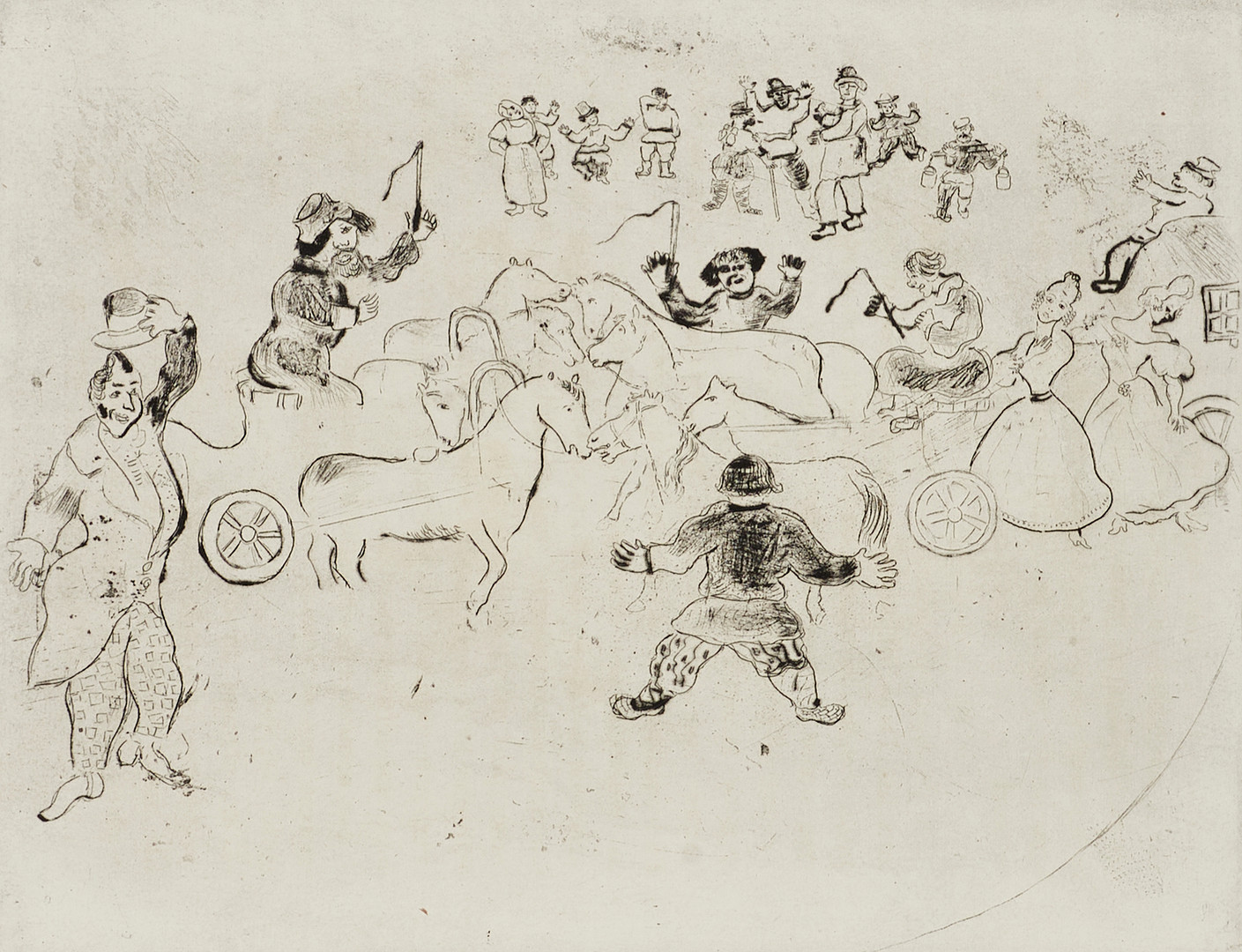 MARC CHAGALL, L´accident de la circulation / Collusion en chemin, 1948, "ur Nicolas Gogol", Arches, France, etsning.