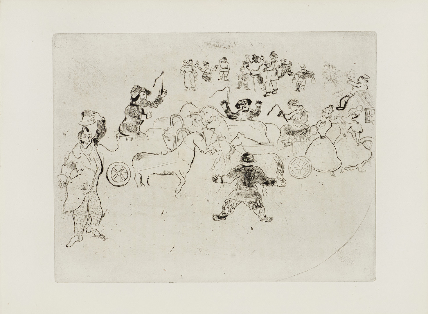 MARC CHAGALL, L´accident de la circulation / Collusion en chemin, 1948, "ur Nicolas Gogol", Arches, France, etsning.