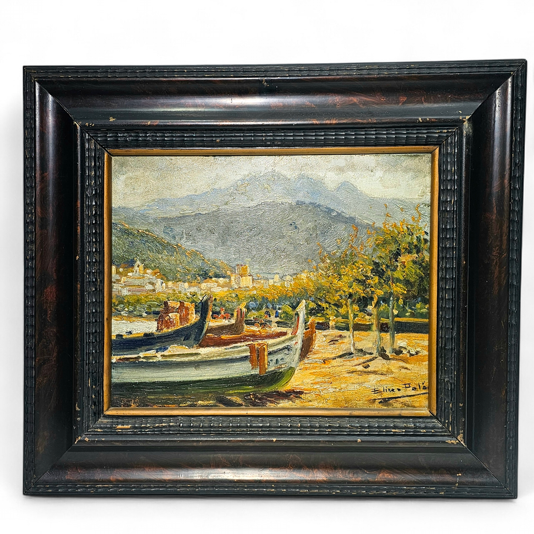 ELISEO PALÀ. "Sant Feliu de Guíxols", óleo sobre tabla.