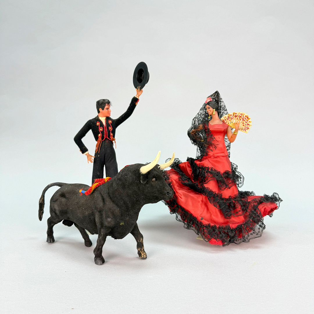 TJURFÄKTARE MED TJUR / FLAMENCODANSÖS, souvenir Spanien, 1900 tal.