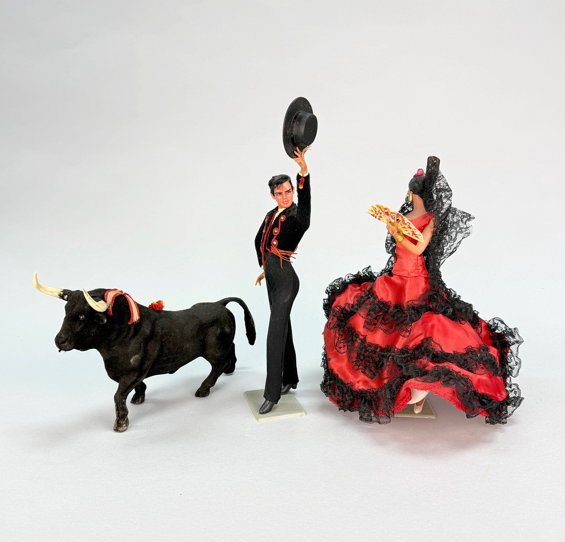 TJURFÄKTARE MED TJUR / FLAMENCODANSÖS, souvenir Spanien, 1900 tal.
