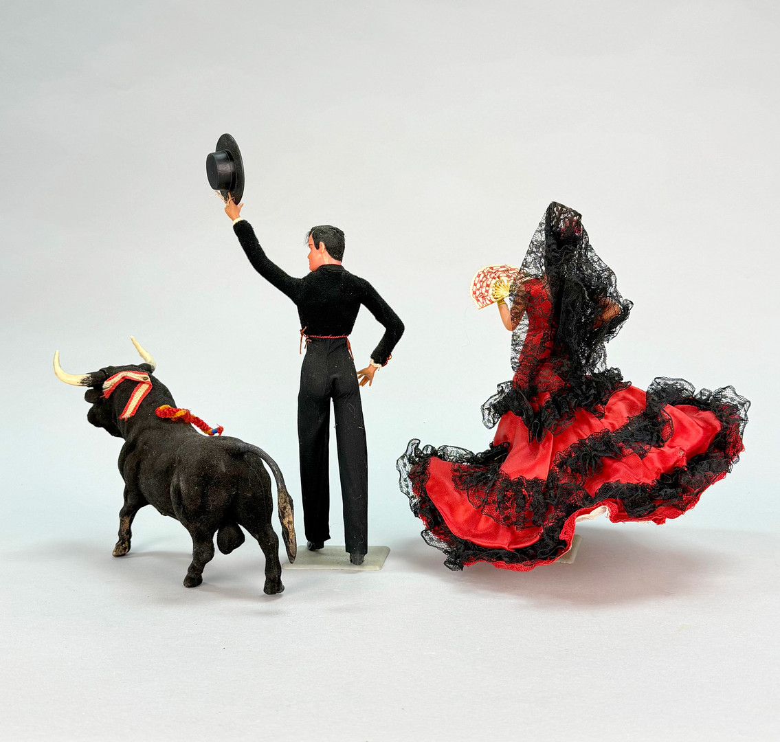 TJURFÄKTARE MED TJUR / FLAMENCODANSÖS, souvenir Spanien, 1900 tal.