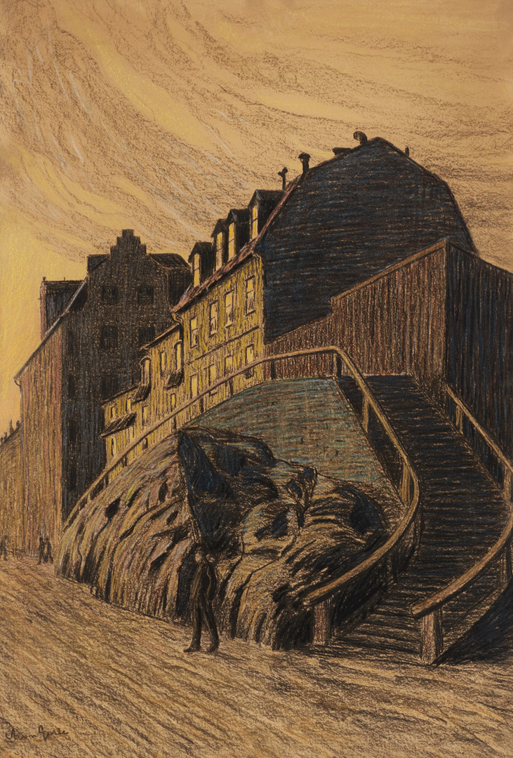ARON GERLE (1860-1930), Stockholmsgata i skymning, signerad, krita/blandteknik.