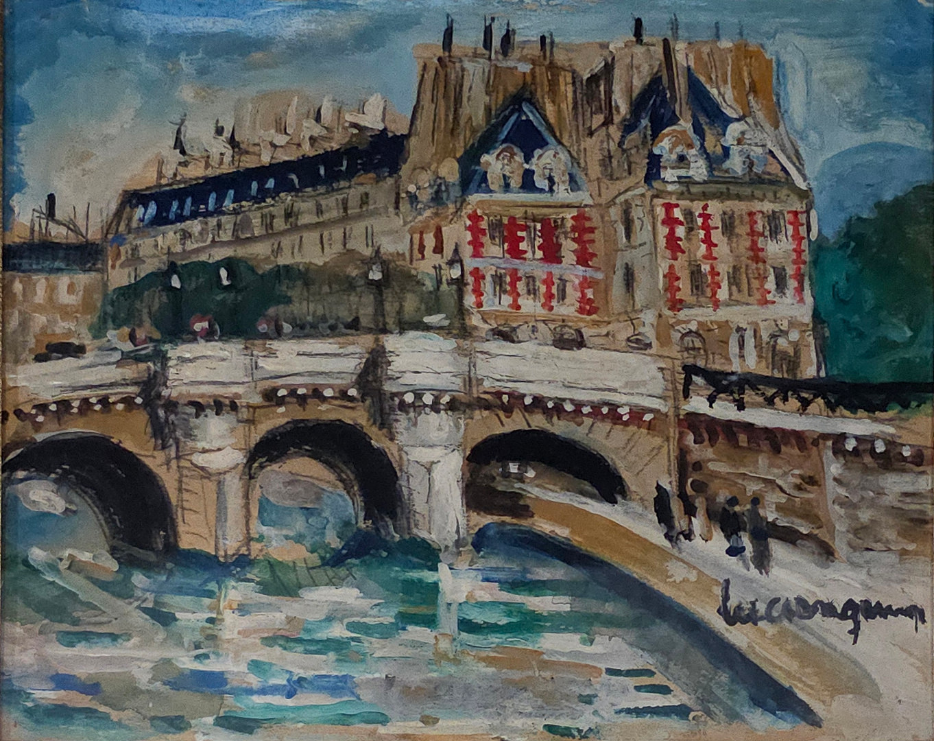 LUCIEN GENIN (1854-1958). Le Pont Neuf, París. Técnica mixta sobre cartón.