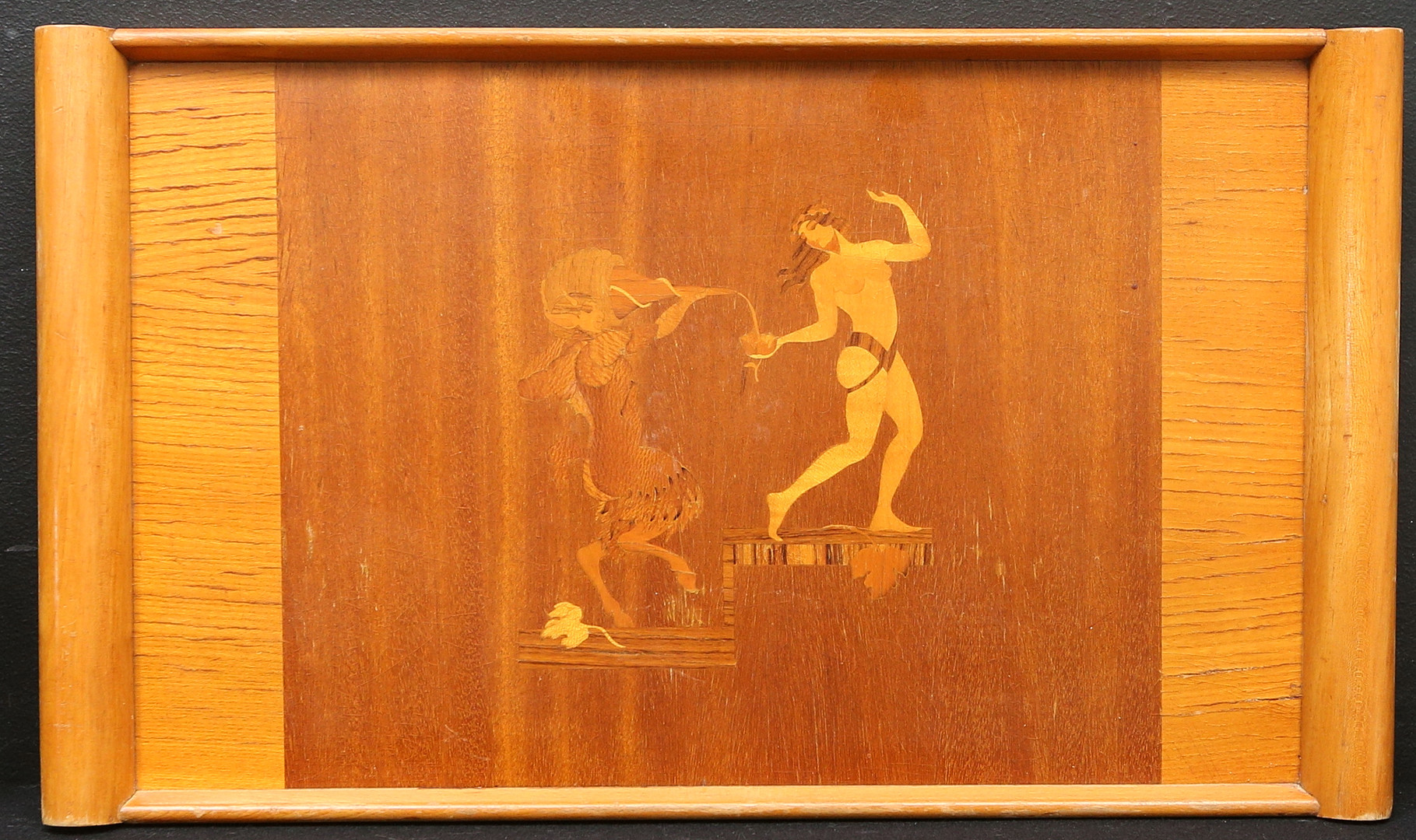 MJÖLBY INTARSIA. bricka, intarsiadekor med faun, Sverige, 1930-tal, Art Deco.