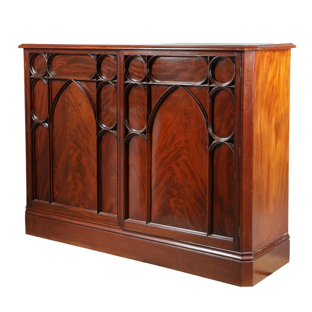 A FINE VICTORIAN MAHOGANY GOTHIC REVIVAL CUPBOARD.