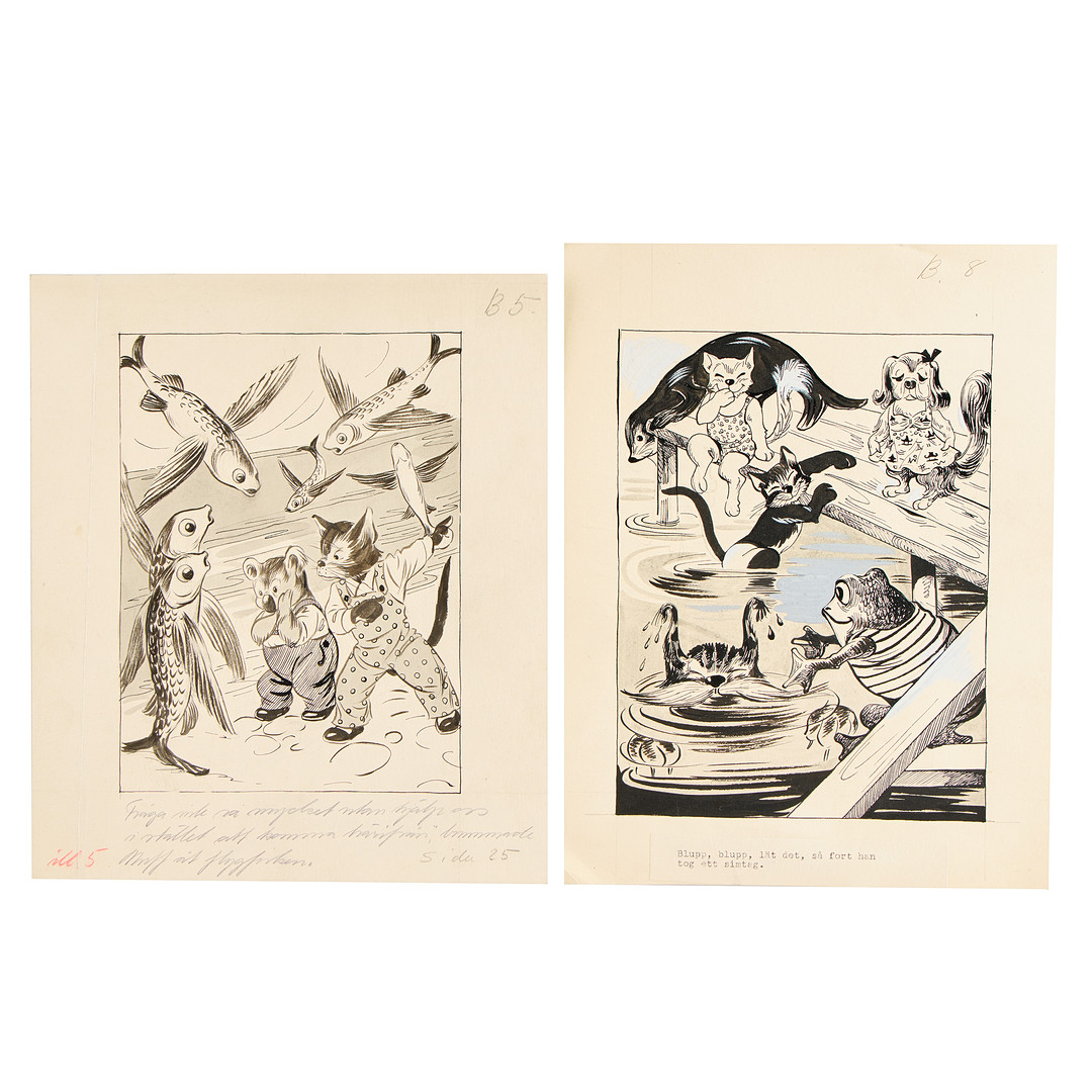 LUCIE LUNDBERG. Originalillustrationer till Trisse, 2 st, 1900-talets mitt.