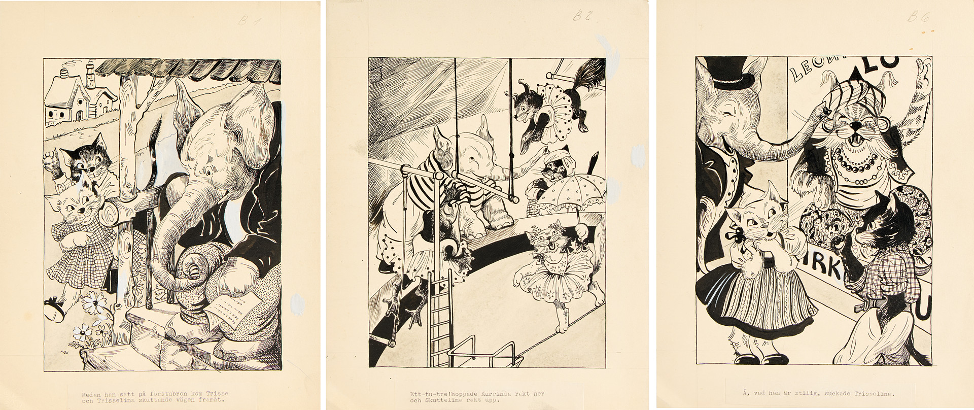 LUCIE LUNDBERG. Originalillustrationer till Trisse, 3 st, 1948.