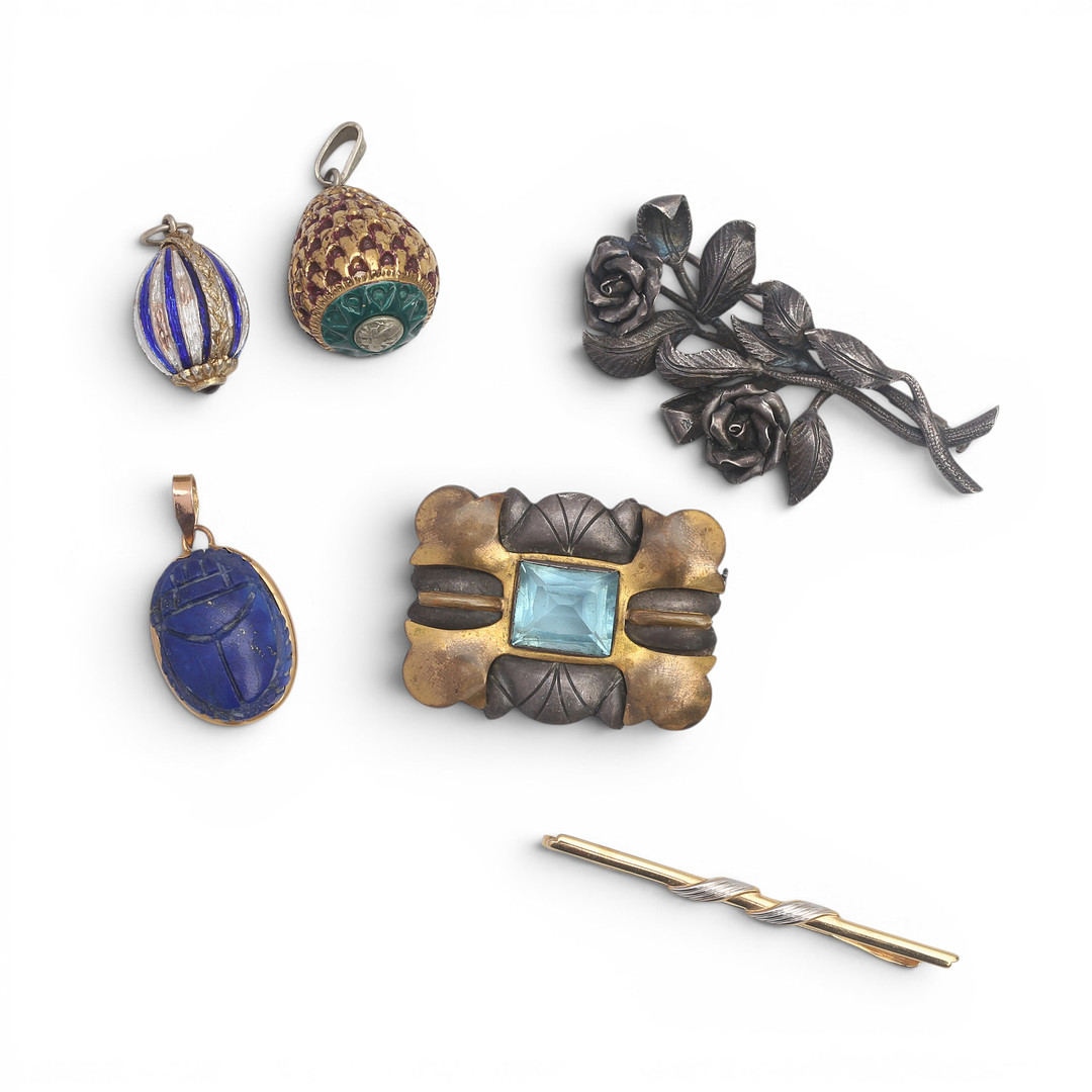 Three brooches and three pendants, mid 20th Century.