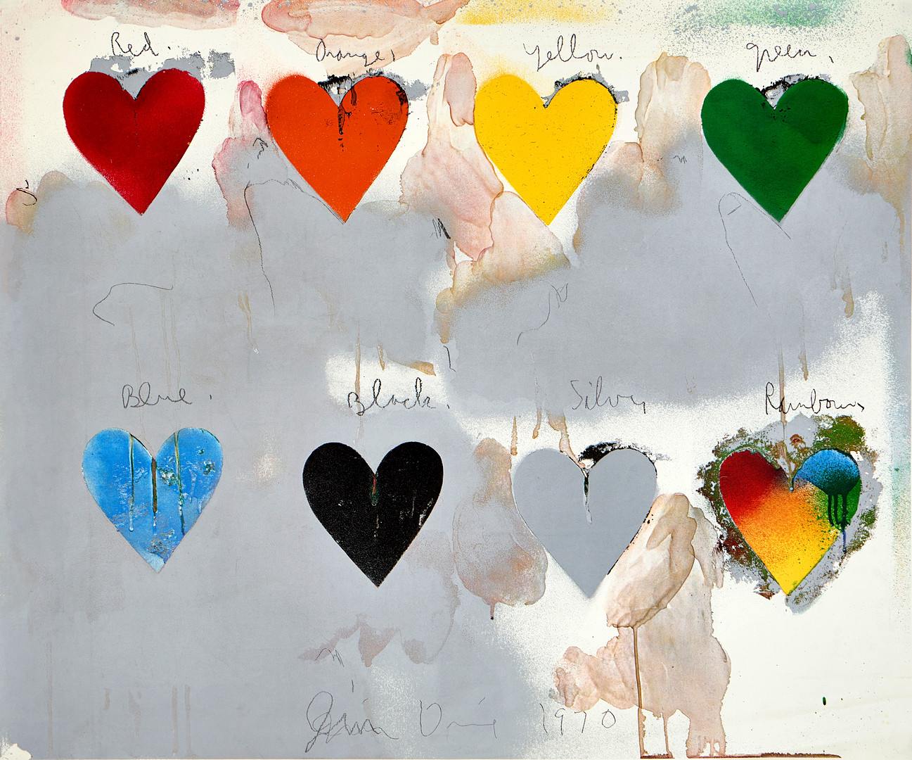 JIM DINE. "8 Hearts", signerad och daterad i trycket 1970, färgserigrafi.