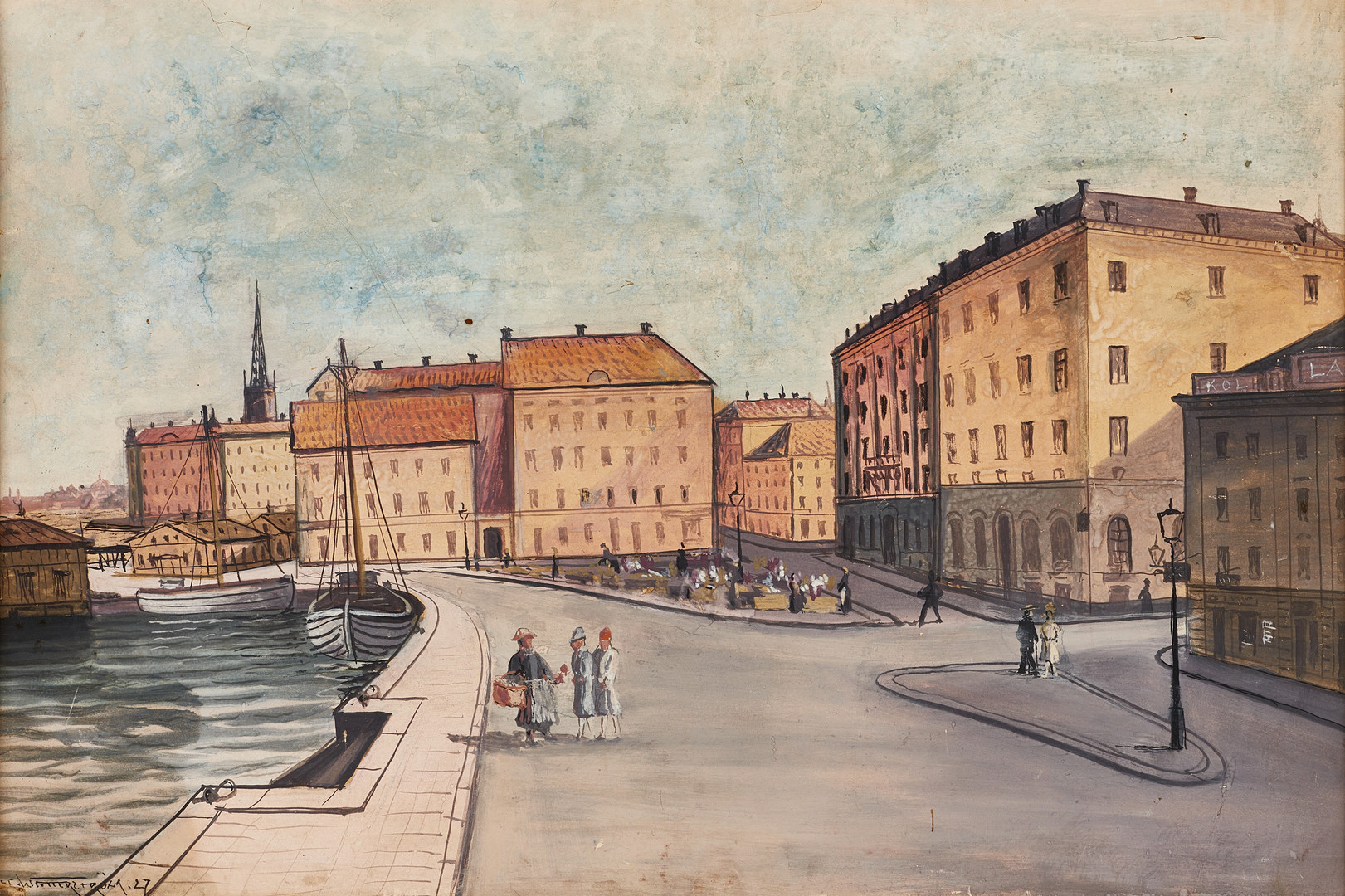 ALFRED WETTERSTRÖM (1863-1934). Kornhamnstorg Stockholm, signerad och daterad -27, akvarell.