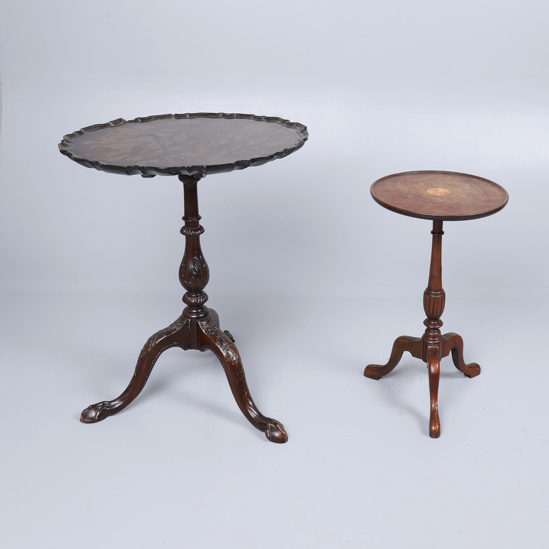 GEORGIAN MAHOGANY PIECRUST TABLE, ANOTHER TABLE, AND CHAIR. (3).