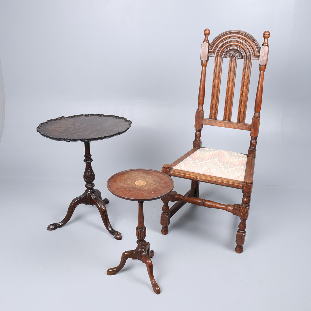 GEORGIAN MAHOGANY PIECRUST TABLE, ANOTHER TABLE, AND CHAIR. (3).