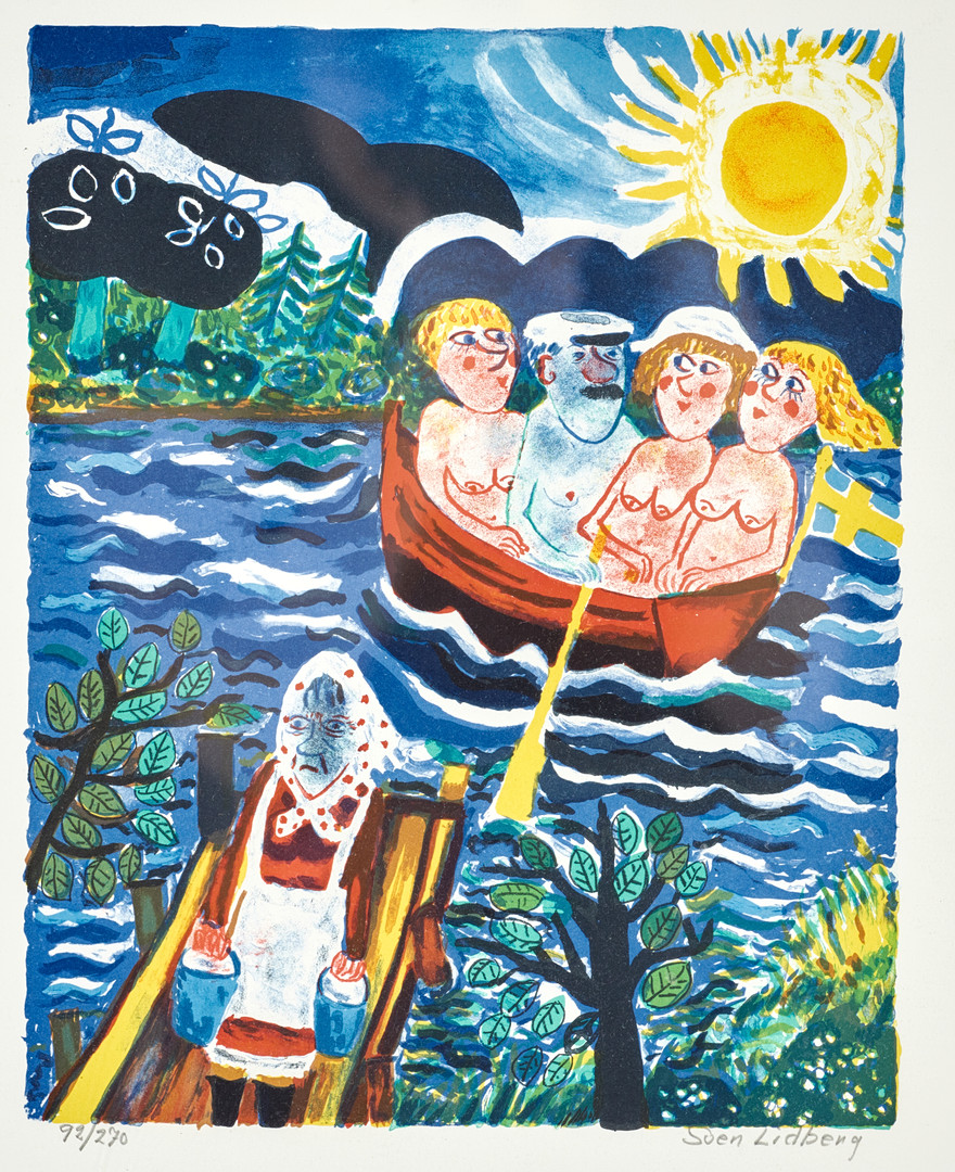 SVEN LIDBERG. "Kalle och brudarna", signerad och numrerad 92/270, färglitografi.
