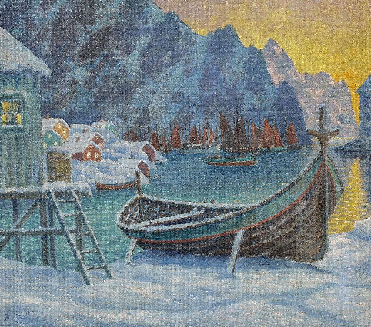 ALFRED COLLIN (Sverige, 1880-1944) ,"Nordlandsbåt Lofoten", signerad, olja på pannå.