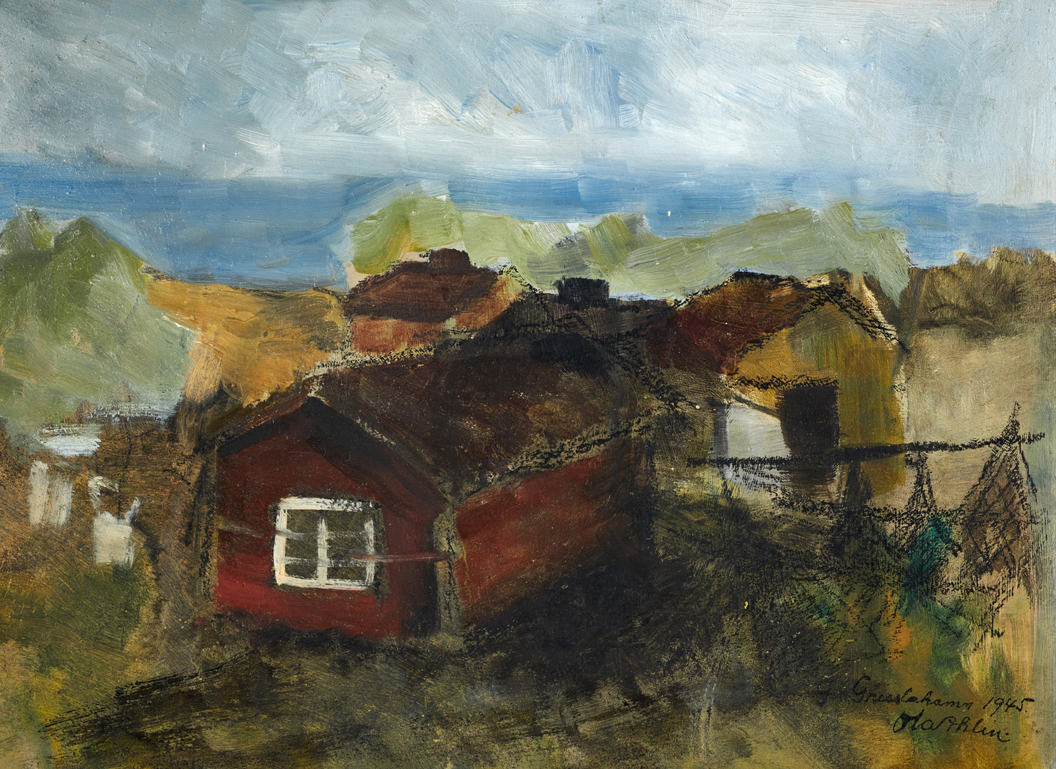 OKÄND KONSTNÄR, "Grisslehamn", signerad och daterad Ola Ahlin 1945, olja på pannå.