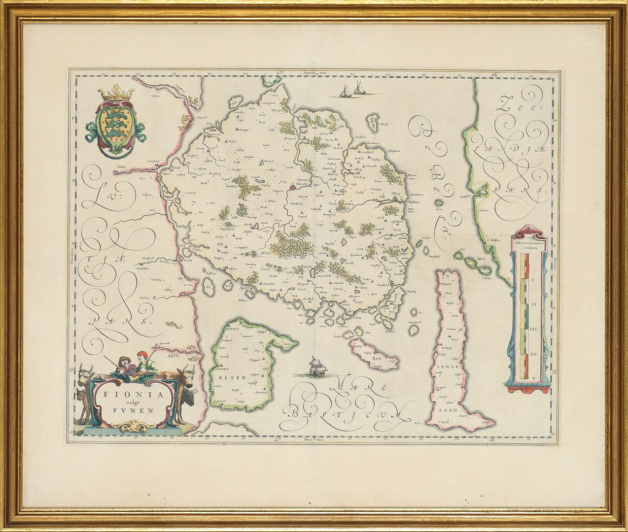 ANTIKAVRISK KORT. HÅNDKOLORERET KOBBERSTIK AF JOHAN BLAEU OVER SJÆLLAND - Danmark. Zeelandia Insula Danicarum. 1663.
