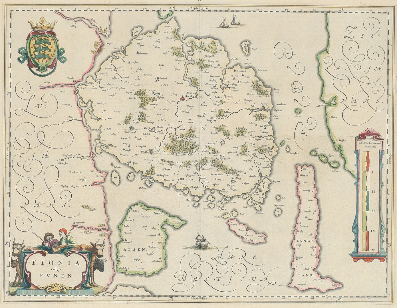 ANTIKAVRISK KORT. HÅNDKOLORERET KOBBERSTIK AF JOHAN BLAEU OVER SJÆLLAND - Danmark. Zeelandia Insula Danicarum. 1663.