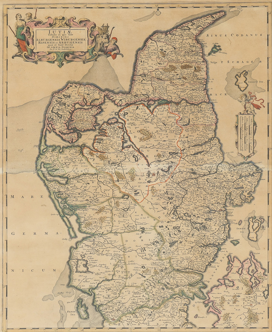 ANTIKAVRISK KORT. HÅNDKOLORERET KOBBERSTIK AF FREDERIK DE WIT OVER JYLLAND - Danmark. Lutiae tabula . 1680.