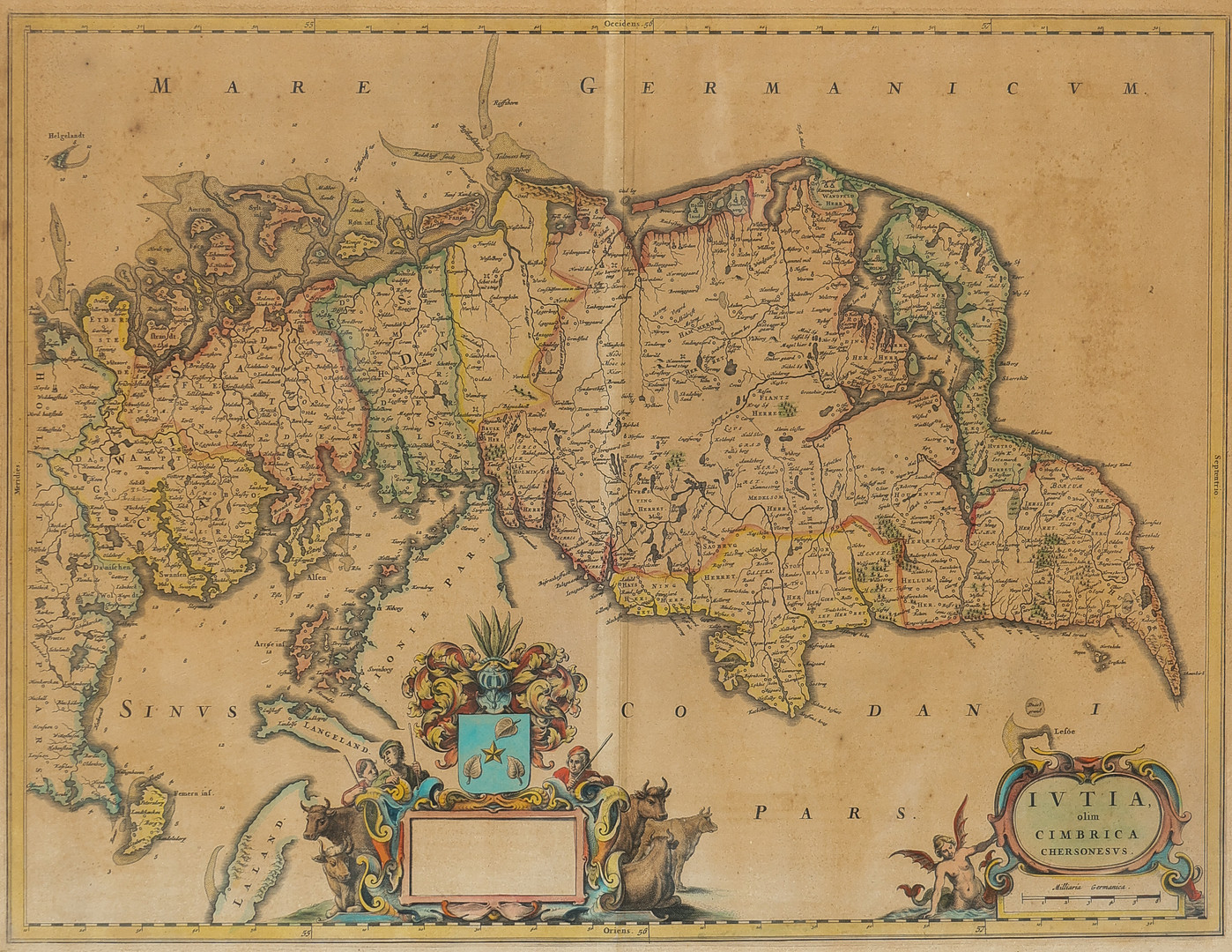 ANTIKVARISK KORT. HÅNDKOLORERET KOBBERSTIK AF JOHAN BLAEU OVER DE JYLLAND OG SLESVIG CA. 1662.