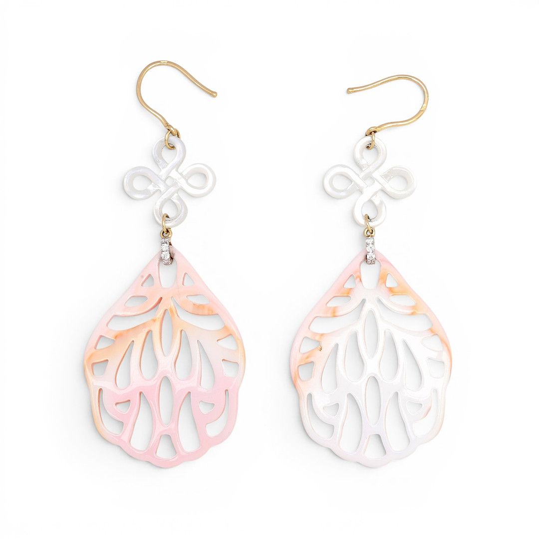 Leaf-shaped mother-of-pearl earrings.