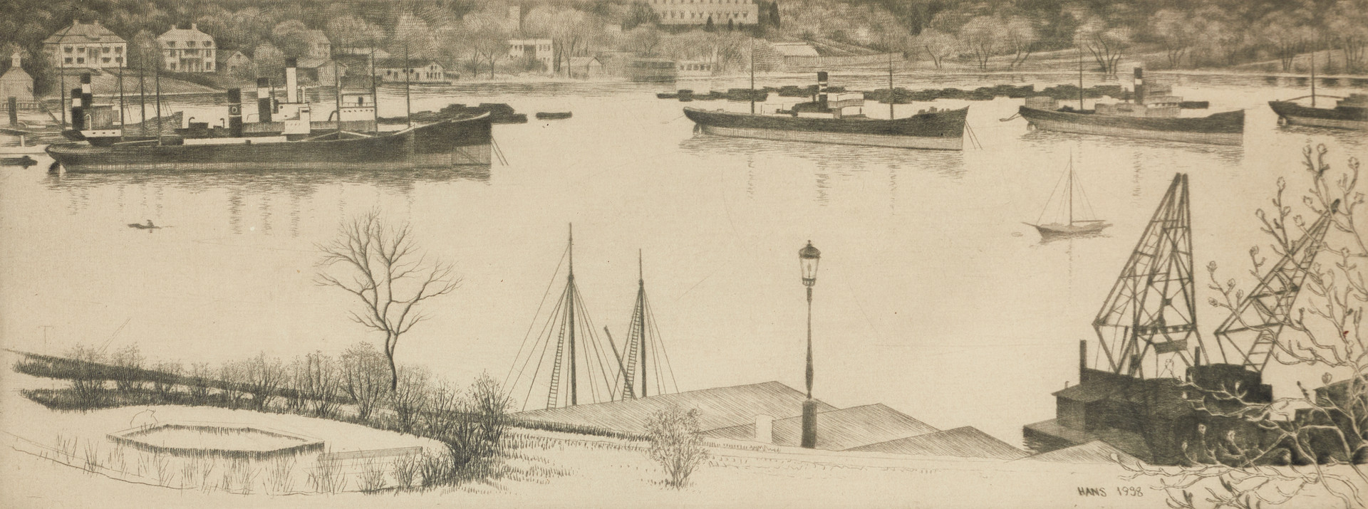 HANS JOHANSON NORSBO , (1897-1955), Vy över Södra Djurgården, signerad och daterad 1938, etsning.