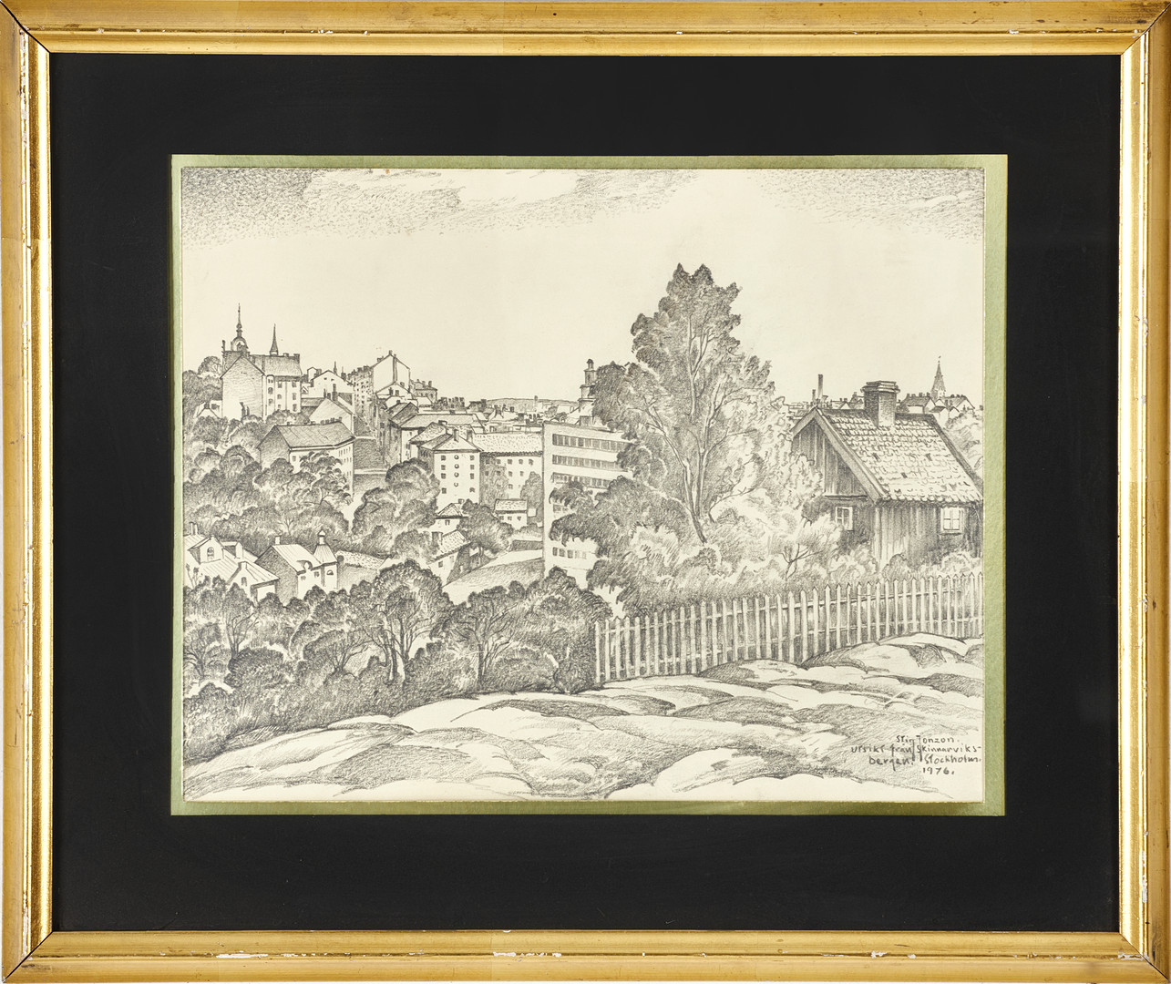 STIG JONZON. "Utsikt från Skinnarviksberget, Stockholm", signerad och daterad 1976, blyerts.