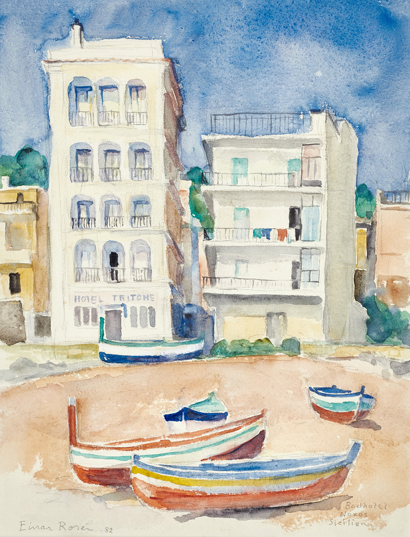 EINAR ROSÉN (1910-1998), Badhotell, Naxos, Sicilien, signerad och daterad-82, akvarell.