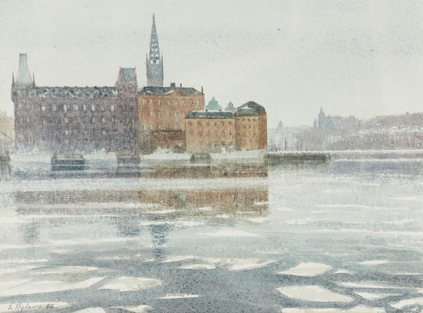 ERKKI NYLAMO (Finland, född 1942), Riddarholmen, Stockholm, signerad och daterad 92, akvarell.
