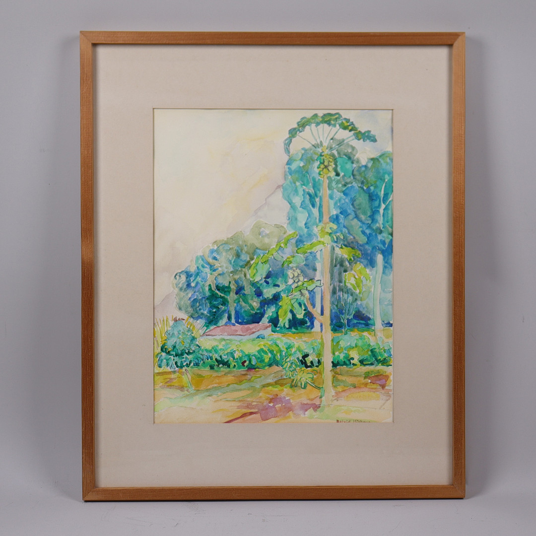 BOTVID KIHLMAN. akvarell, "Landskap med Papayaträd".
