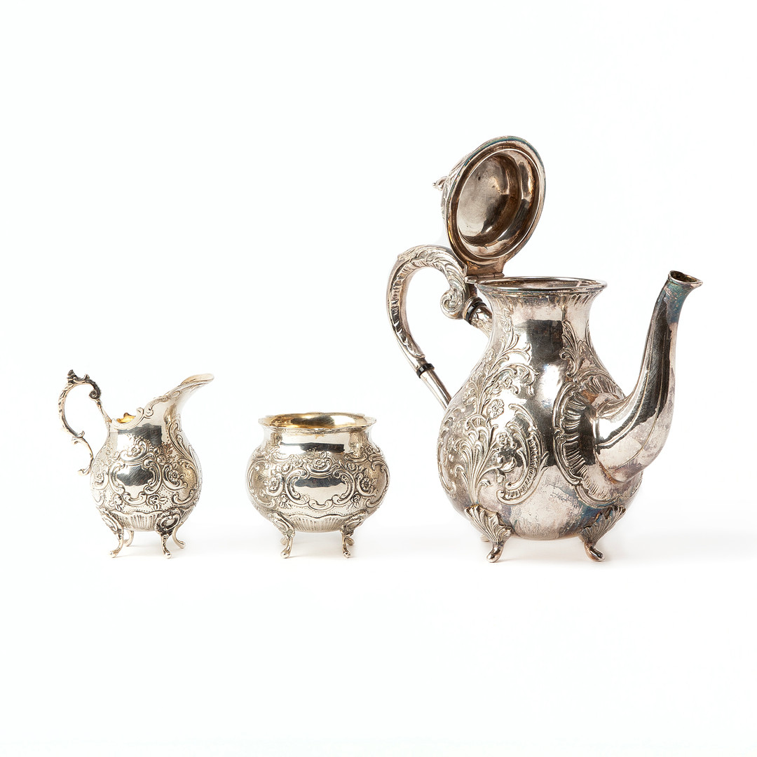 KAFFESERVIS, 3 delar, rokokostil, silver.