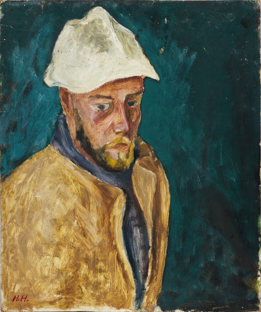 HANS HEDBERG (1917-2007). Självporträtt, monogramsignerad H.H, olja på pannå.