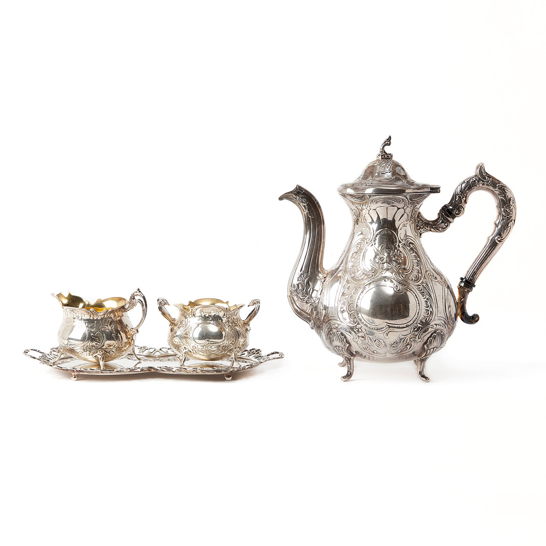 KAFFESERVIS, 4 delar, rokokostil, silver.
