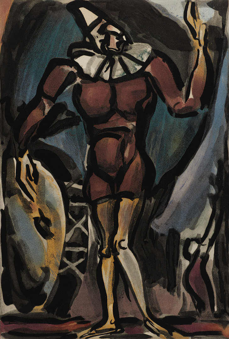 GEORGES ROUAULT. "Le Clown à la grosse caisse" ur serien Cirque, signerad och daterad GR 1930 i plåten, färgakvatint.