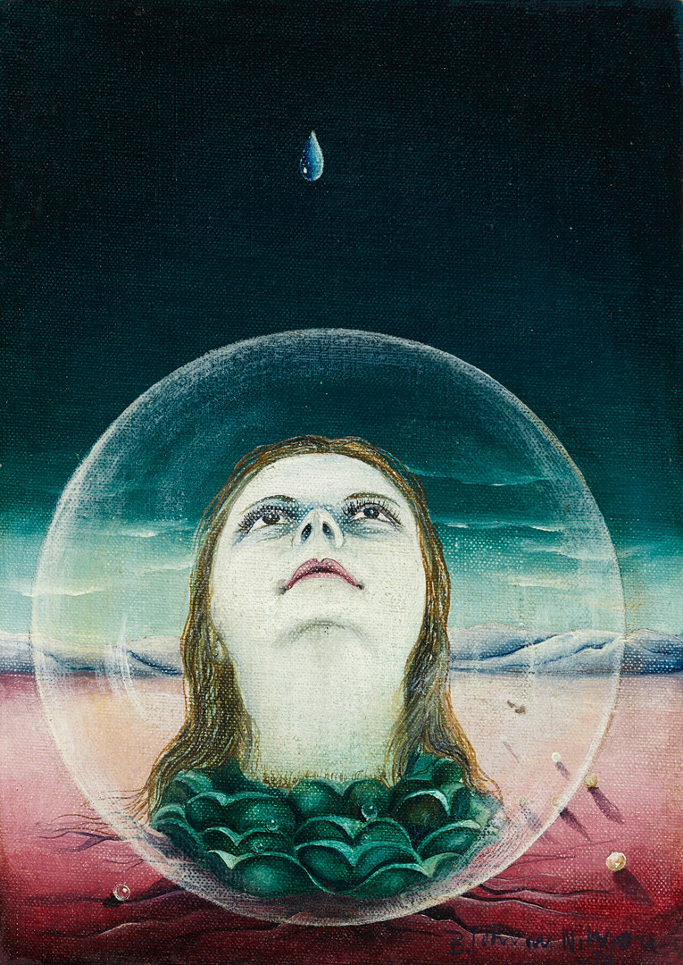 BERT-JOHNNY NILSSON (1934–2004). Surrealistisk komposition med kvinnohuvud i bubbla, signerad, olja på duk uppfodrad på pannå.