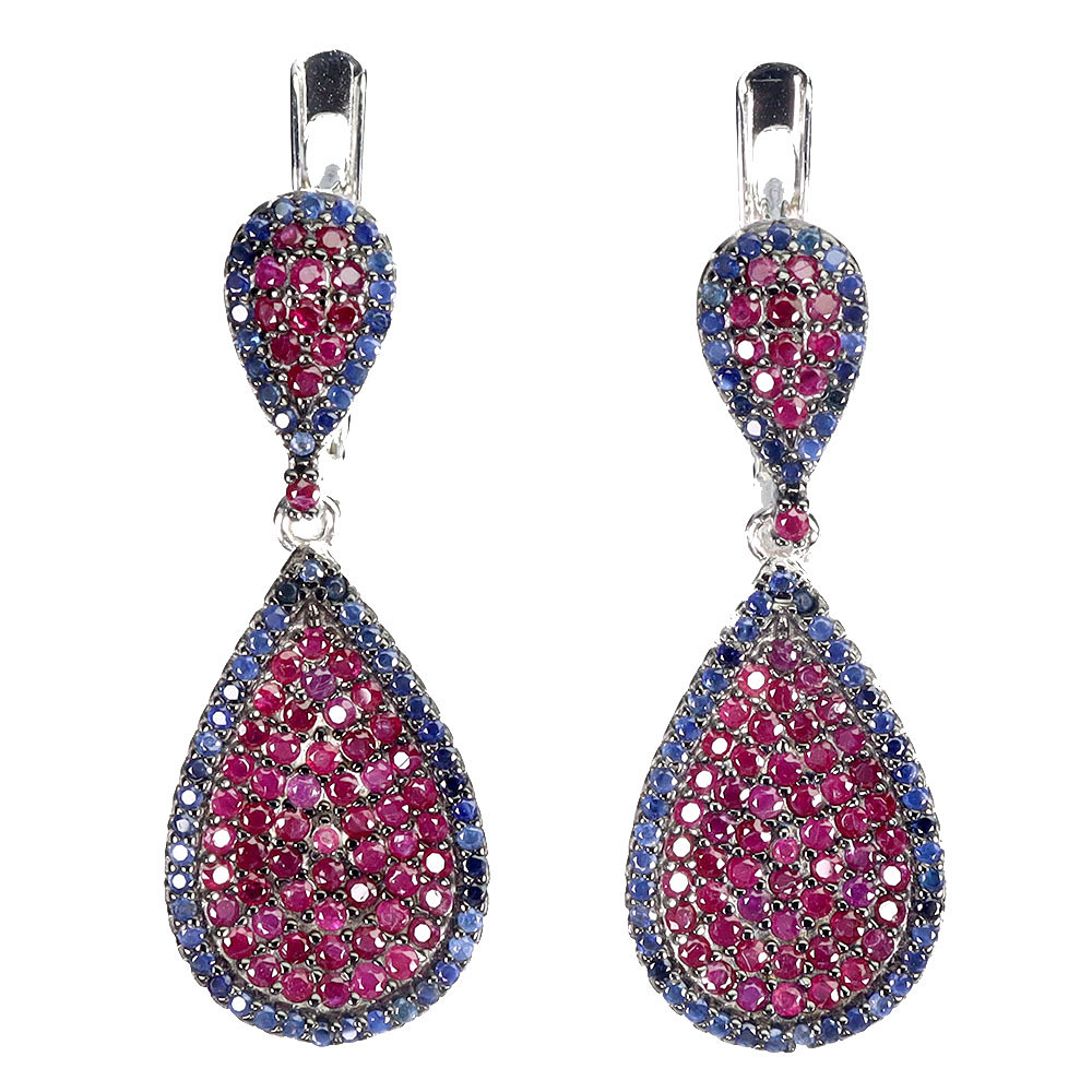 RUBY AND SAPPHIRE PAVE SET EARRINGS.