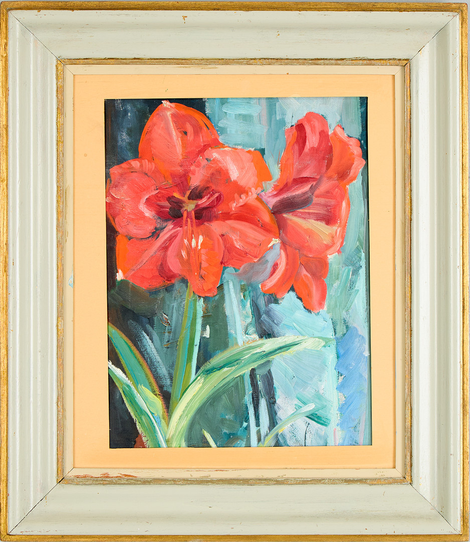 RAGNHILD NORDENSTEN. "Röd amaryllis", olja på papper monterad på pannå.