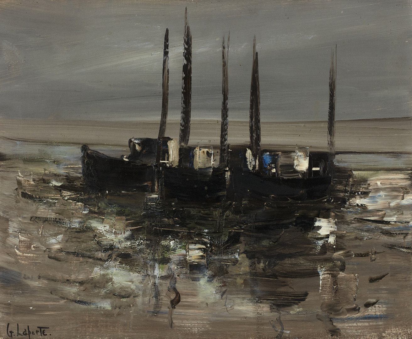 GEORGES LAPORTE (Frankrike, 1920–2000). Ankrade båtar, signerad, olja på duk.