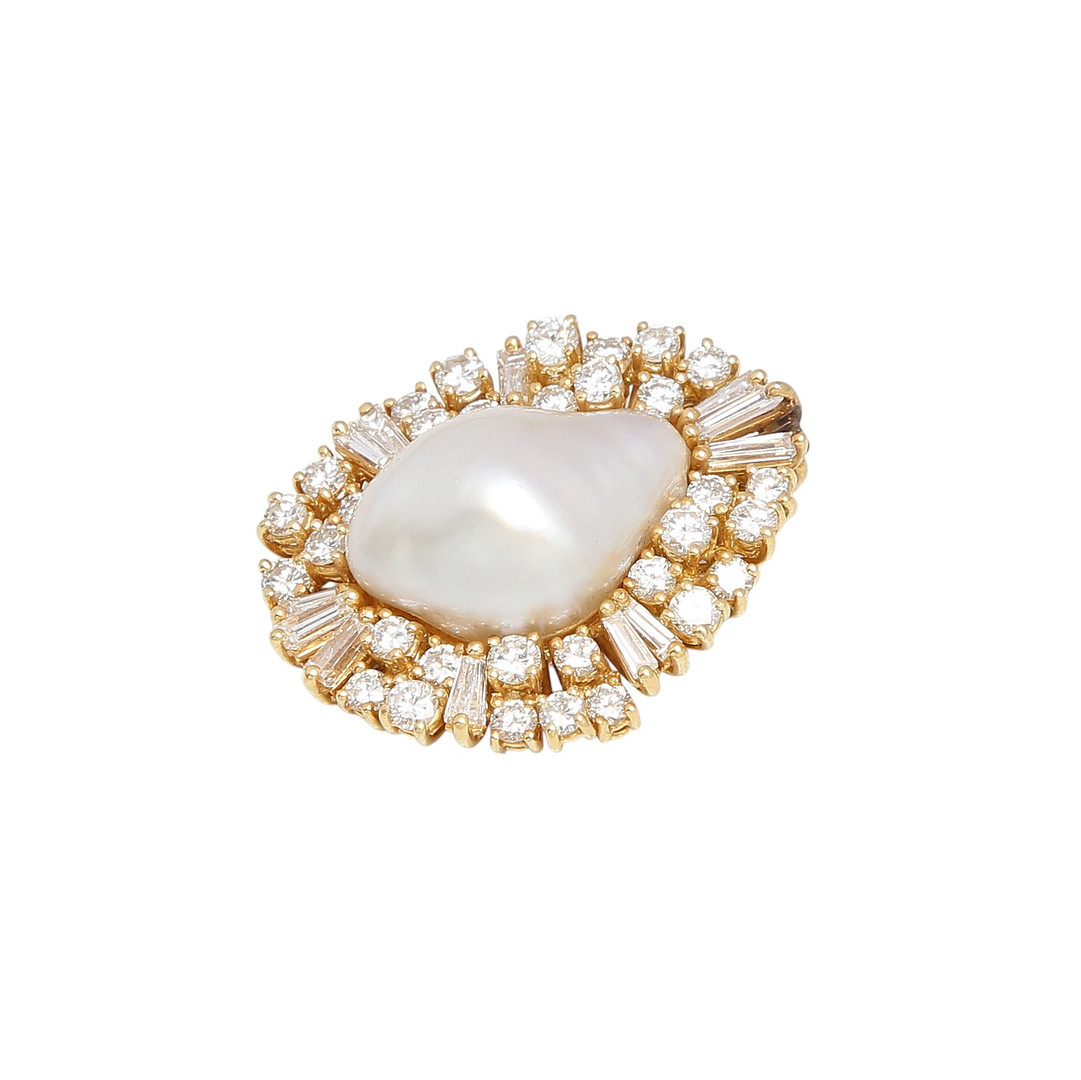 Baroque pearl and diamonds rosette pendant.