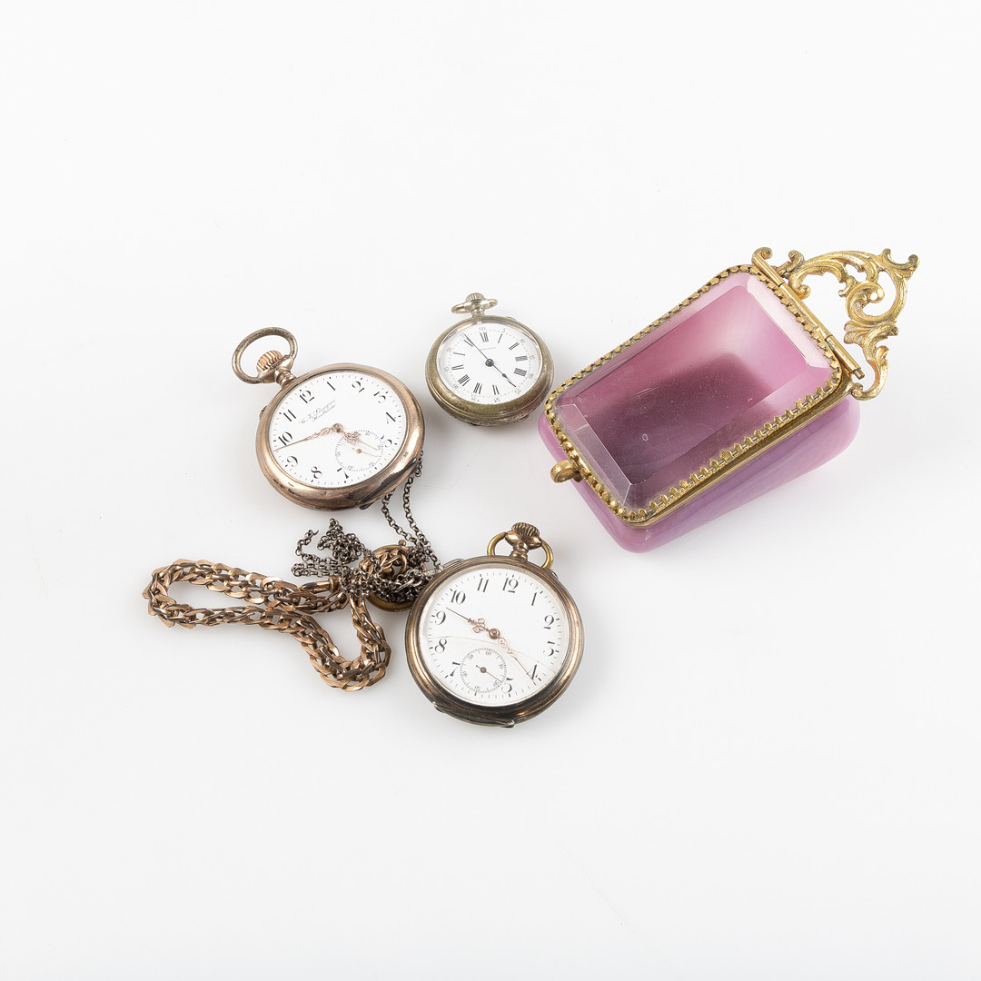 FICKUR & FICKURSGÖMMA, 4 delar, bl a Longines, 1800-tal.