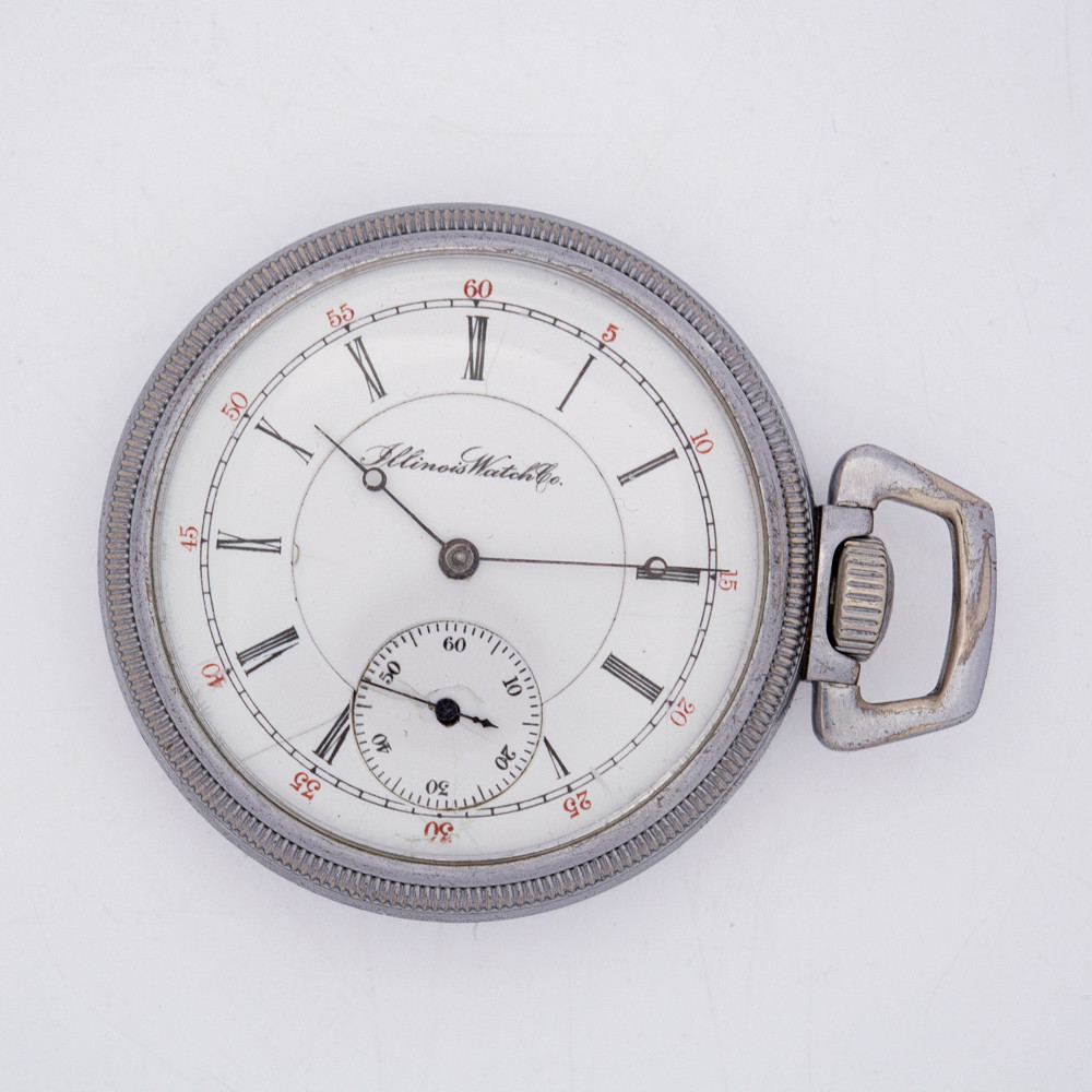 TASCHENUHR ILLINOIS WATCH CO SPRINGFIELD USA, 17 STEINE, METALL, VERNICKELT, MIT KLEINER SEKUNDE, SICHTBARER BODEN.