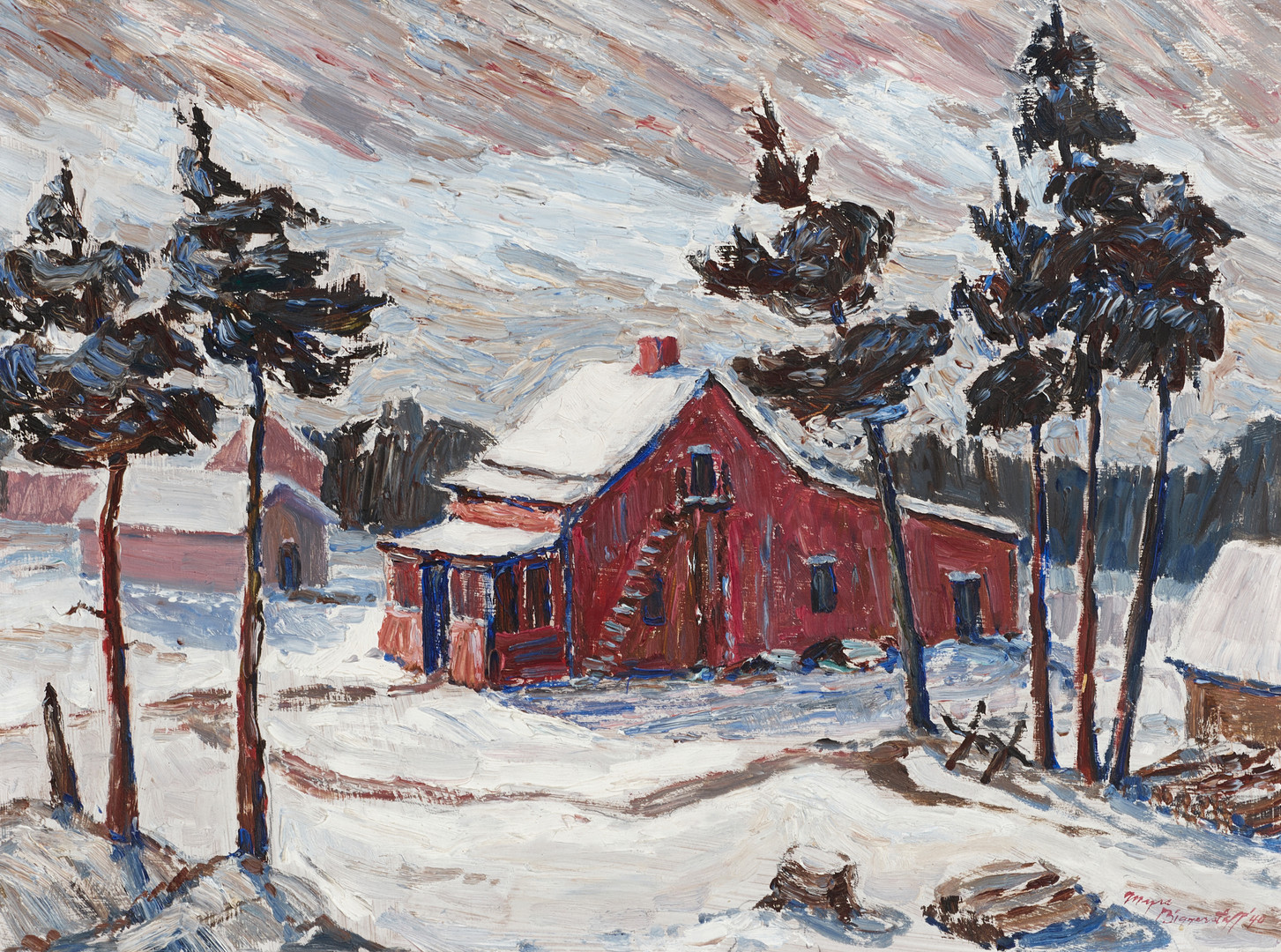MYRA BIGGERSTAFF-KVISTBERG (USA, 1905–1999). Snötäckt landskap med bebyggelse, signerad, olja på pannå.